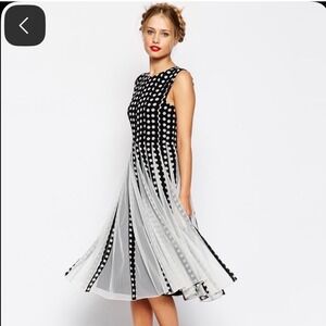 ASOS NWT Curve Polka Dot Mesh Godet Pleated Midi Dress Black White Plus Size 20